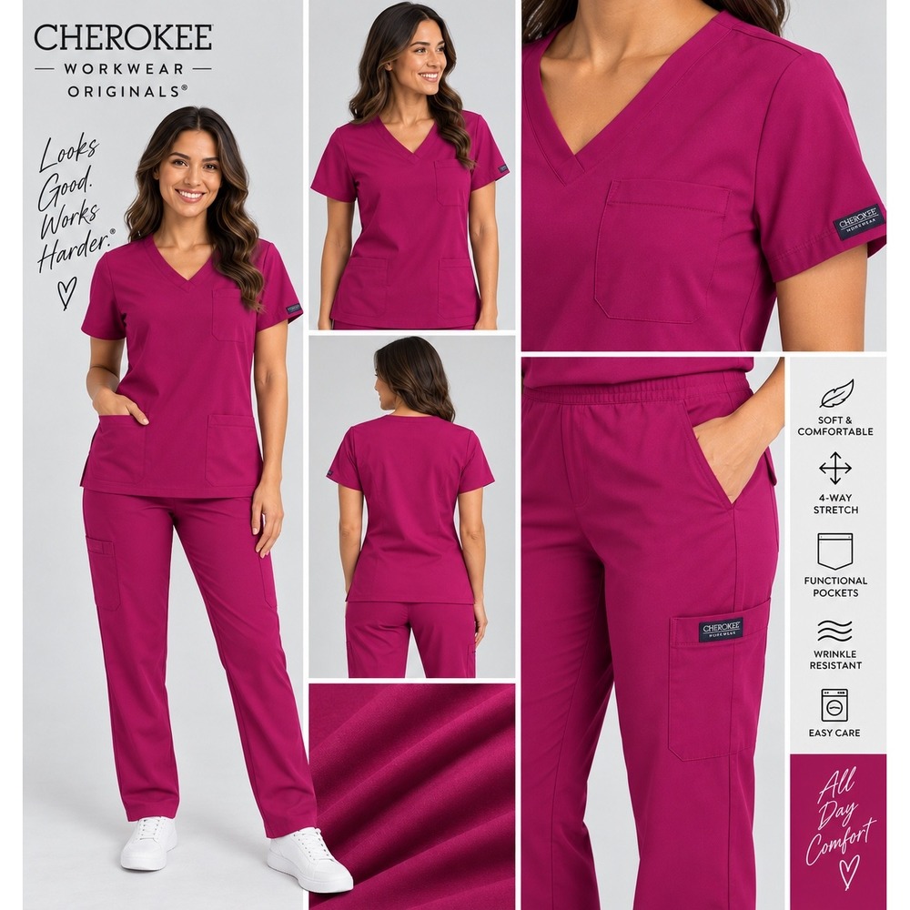 Cherokee Workwear Originals Scrub Set V-Neck Top Cargo Pants Wine 3X NWT